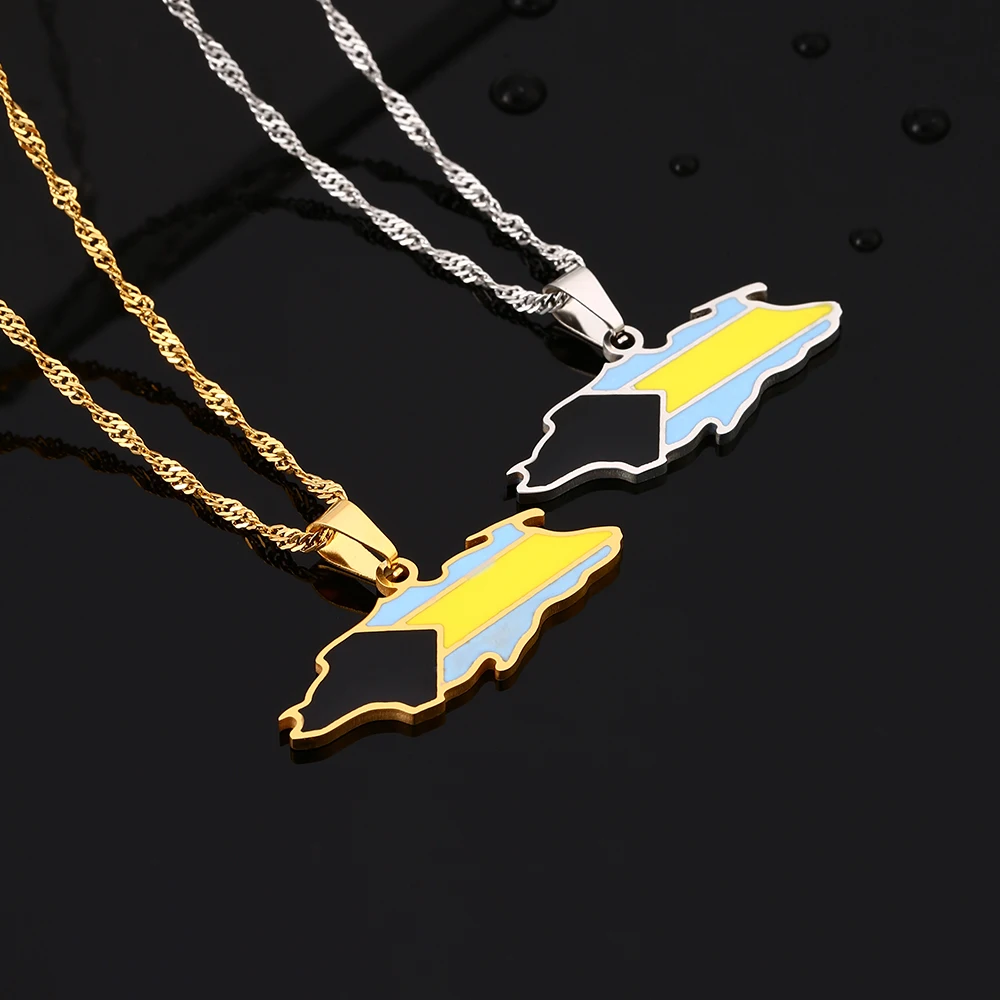 New Enamel Drop Oil Bahamas Nassau Island Map Flag Pendant Necklace For Women Stainless Steel Jewelry Ethnic Party Birthday Gift