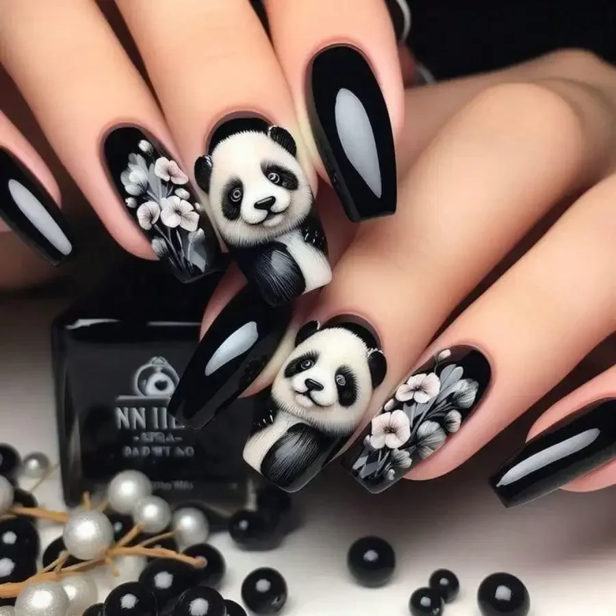 

24Pcs Mid-Length Ballet Panda Floral Press On Nails, Reusable Fake Nails For Women Girls Daily Party