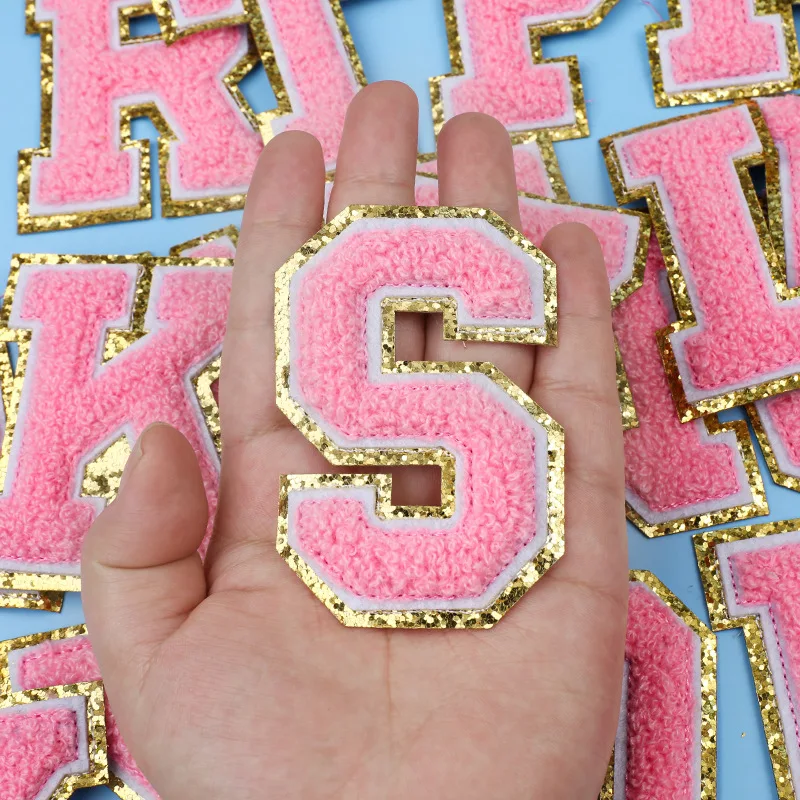 Rosa Buchstaben-Pailletten-Aufnäher zum Aufbügeln, Bestickte Alphabet-Filz-Chenille-Aufnäher für DIY-Accessoires, Applikation Glitzer A-Z 8CM