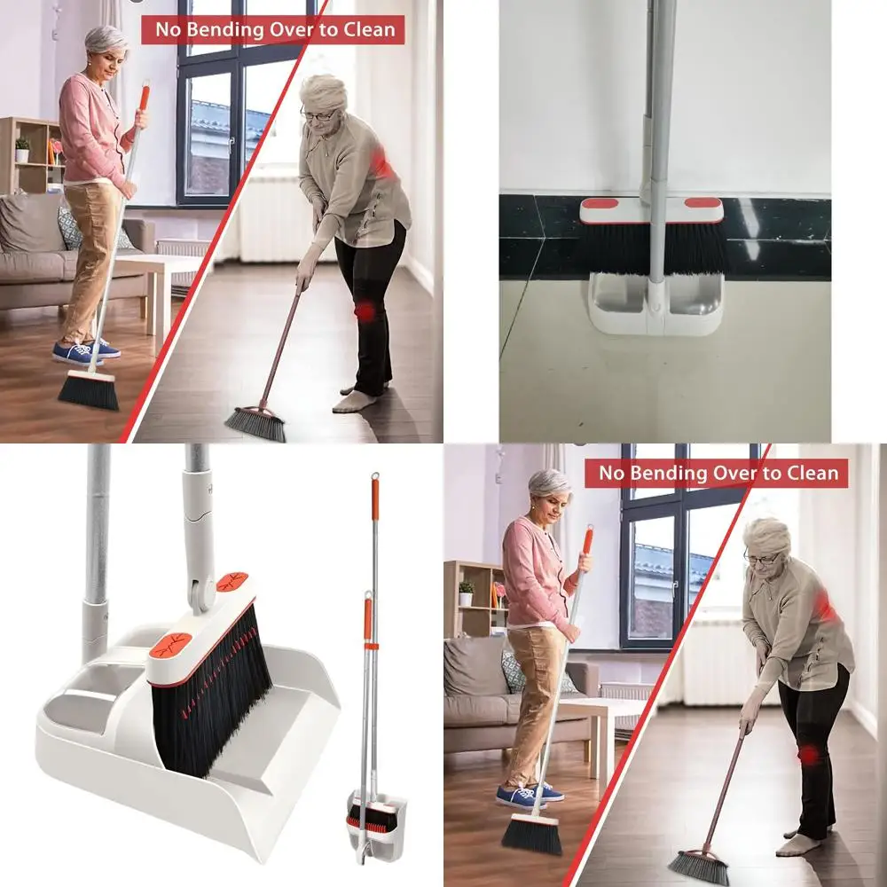 

180° Rotating Long Handle Broom & Dustpan Set, Lightweight Indoor Cleaning, Grey & Red