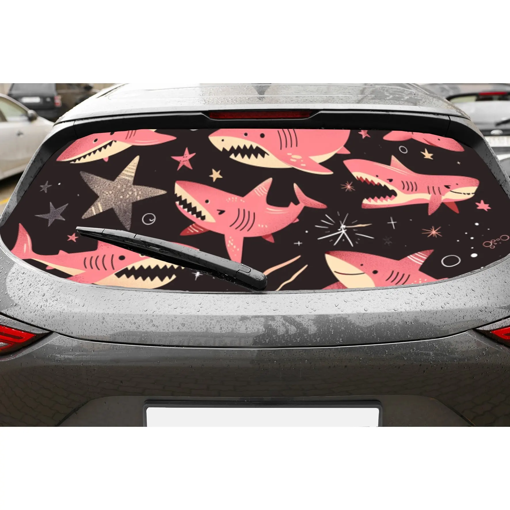 

Cute Pink Shark PVC Perforated Car Vinyl Wraps, Privacy Enhancing Design for Rear Window, Car Rear Windshield Sticker for Most T