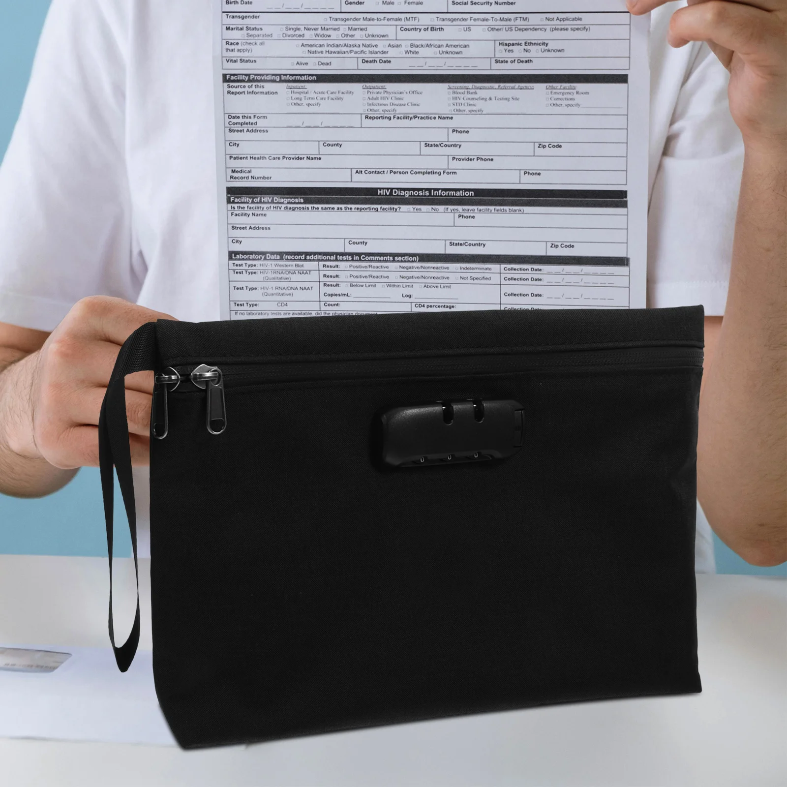 Locking Storage Bag Combination Lock Splashproof Secure Document Pouch For A4 Files Cash Phone Tablet Credit Cards Black