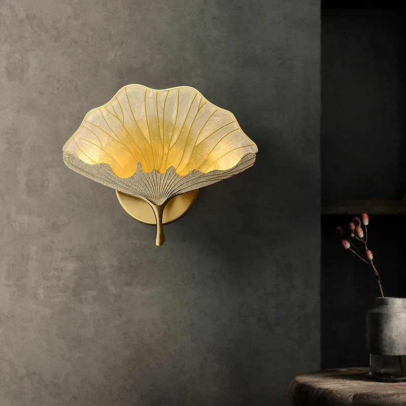 New Chinese gingko leaf enamel Chinese wind suction chandelier Tea room Zen bedroom living room bedside lamp Creative wall lamp