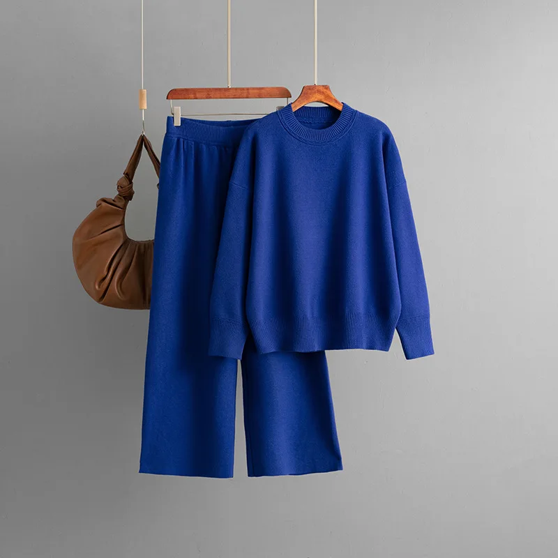 خريف شتاء جديد محبوك السراويل مجموعات النساء س الرقبة طويلة الأكمام سترة القمم Conjuntos الكورية الصلبة عالية الخصر السراويل المستقيمة الزي #4