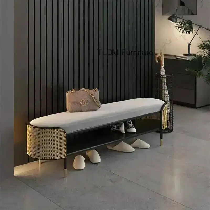

Hallway Light Modern Cushion Simple Metal Ottoman with for Stools Entrance Luxury Hall Household Long Ottoman Hollow for Hotel H