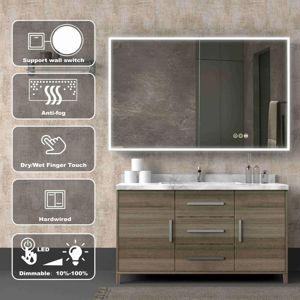 Medicine Cabinets for Bathroom with Mirror, 48”W X 30”H Wall Mounted LED Medicine Cabinet Mirror