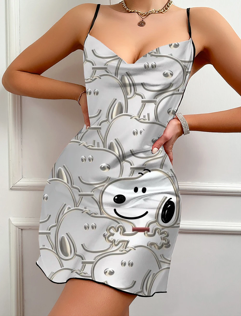 Snoopy Cartoon Print Suspender V-neck Sexy Butterfly Lace Backless Pajama Dress Ladies Summer Simple Pajamas