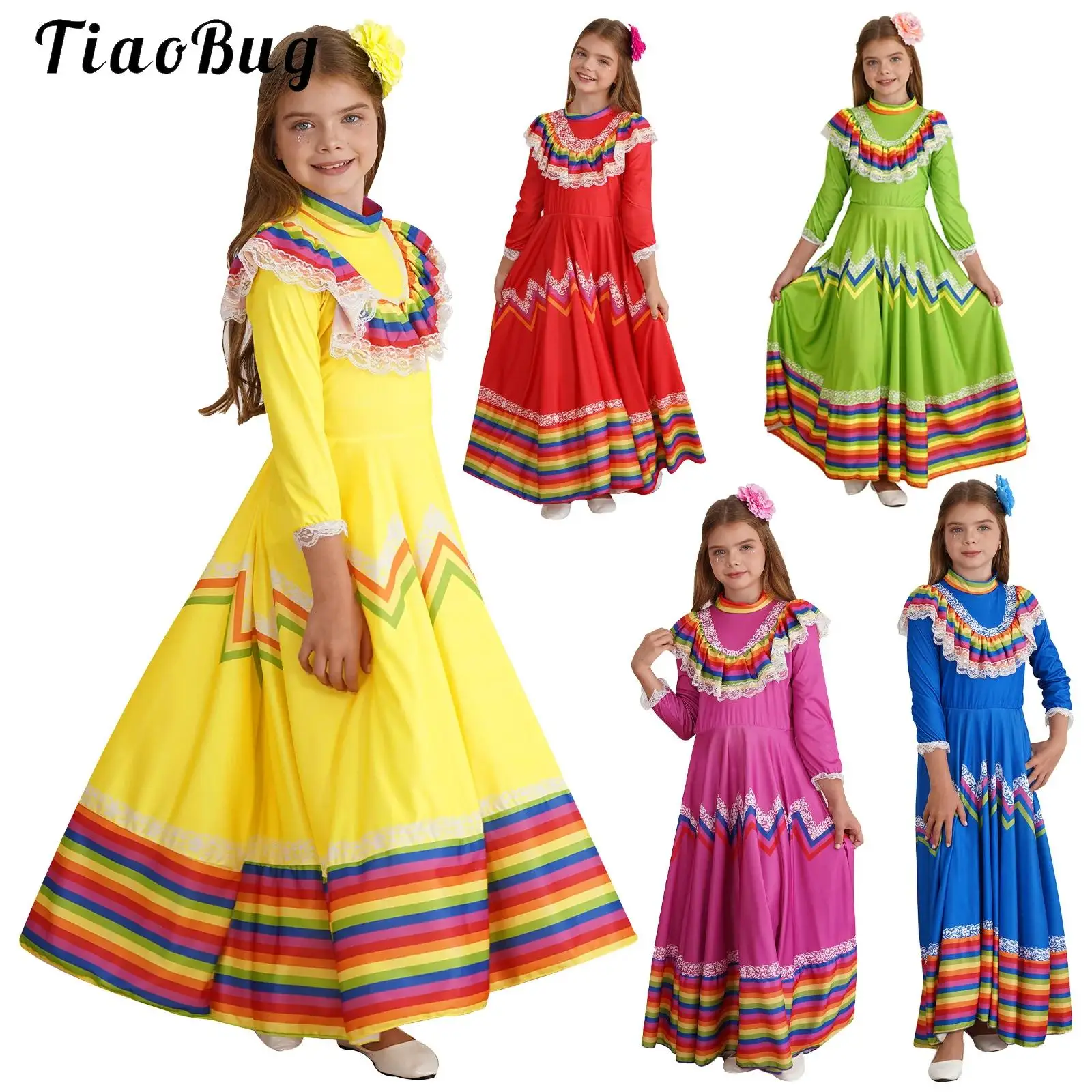 Traditional Fiesta Jalisco Swing Long Dress Child Girls Mexican Costume Ballet Folklorico Dance Outfit for Halloween Carnival