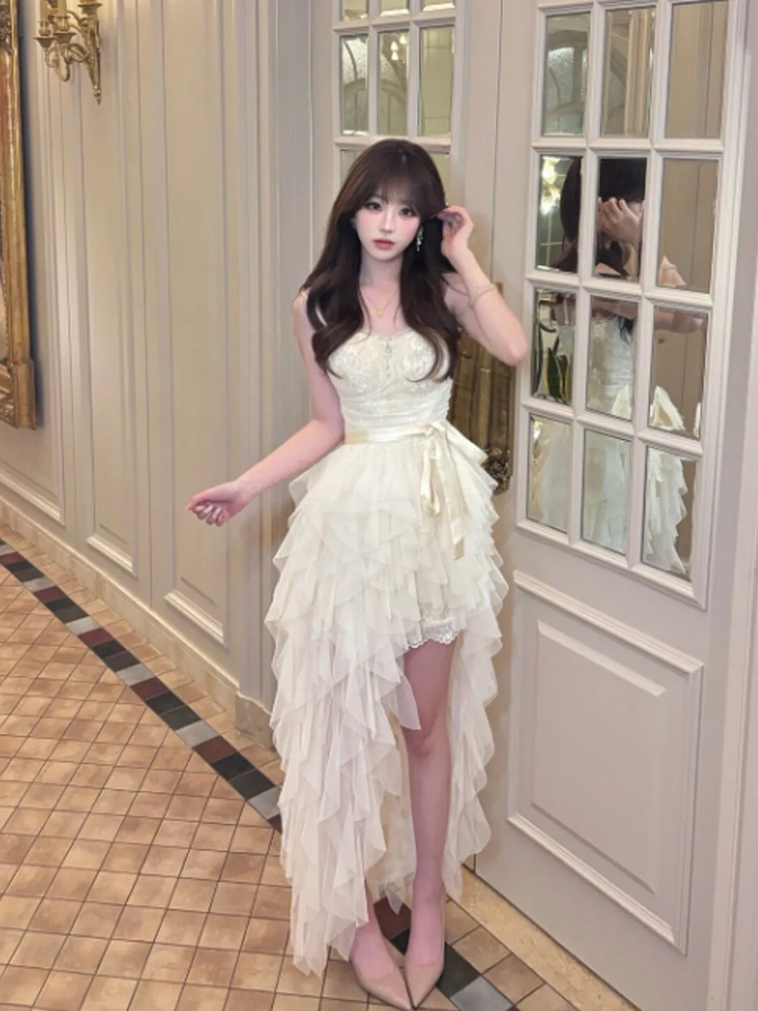 

Unique Beautiful Lace Wrap around Skirt Two Piece Set Summer Elegant Dress Soft Cotton Material Shoulder Bared Waist Shaped