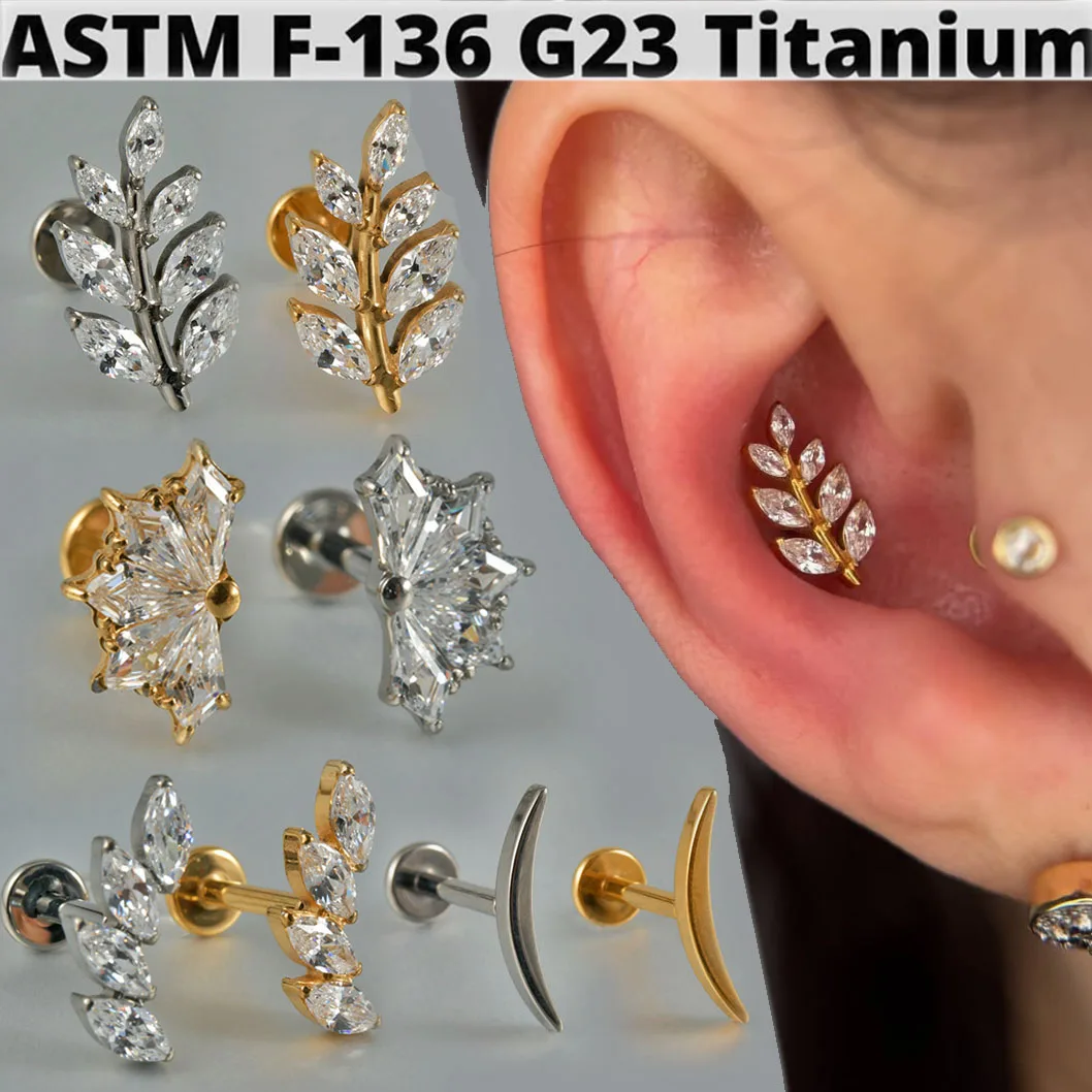 1PC G23 Titanium Marquise Zircon Lip Studs Internal Thread Moon Ear Helix Tragus Cartilage Helix Earrings Piercing Body Jewelry
