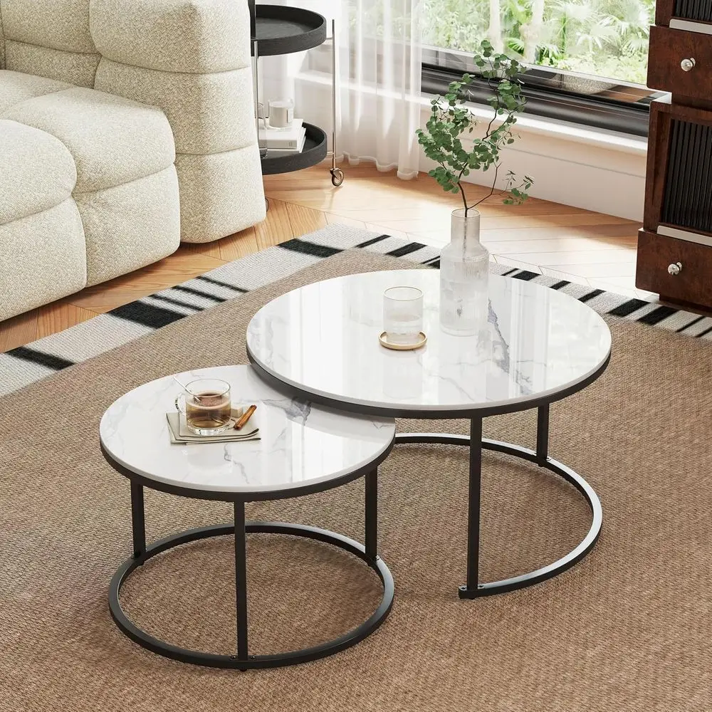 

White Round Nesting Coffee Table Set for Living Room with Sintered Stone Top and Metal Base