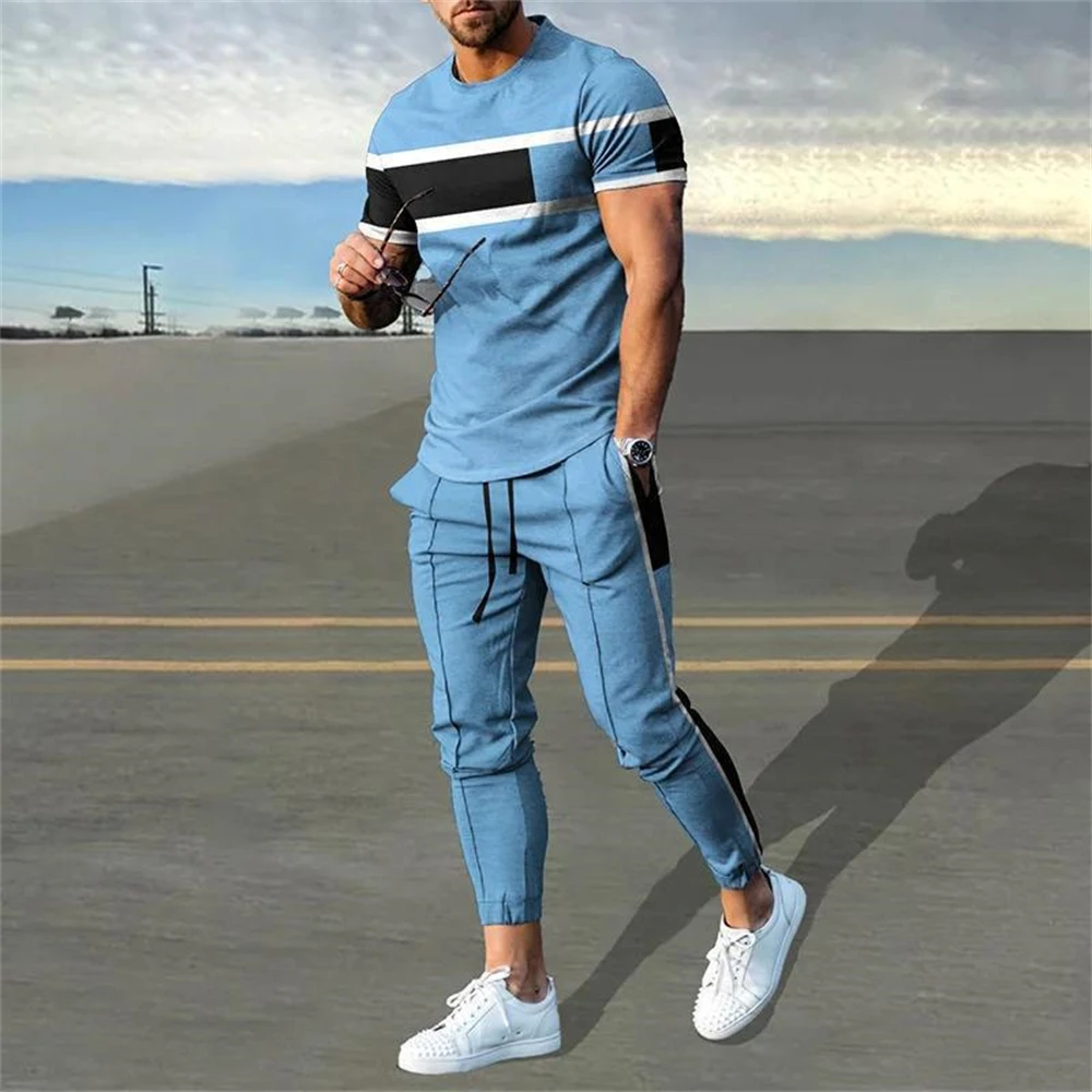 

Summer Male Loose Casual Printing T-shirt Elastic Waist Pants Set Men Short Sleeve Street Style Pullover Tee Sweatpants Homme