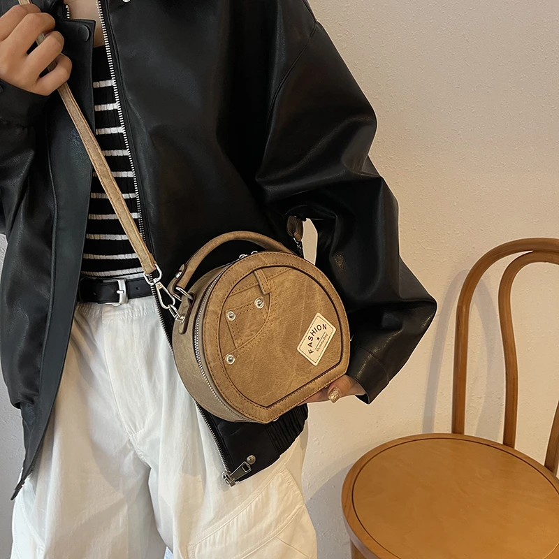 Runde Handtasche Retro Shoudler Taschen für Frauen 2024 Mini kleine Umhängetasche klassische Pu Griff Geldbörse Bolasas runde Einkaufstasche – Detail 4