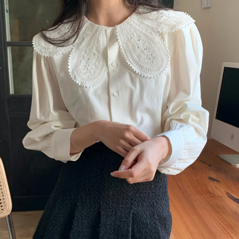 Chic Spring Autumn Women\'s Shirt New Style Ruffle Collar White Loose Design Sweet Youthful Bubble Sleeve Blouse Pure Color Do...