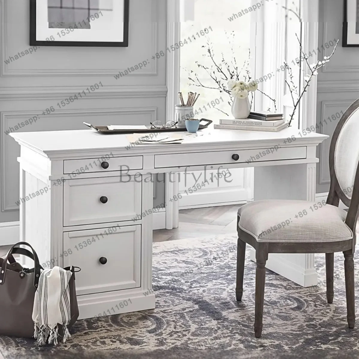 Country Retro Distressed Desk Small Apartment Bedroom Study with Drawer Office Solid Wood Computer Desk
