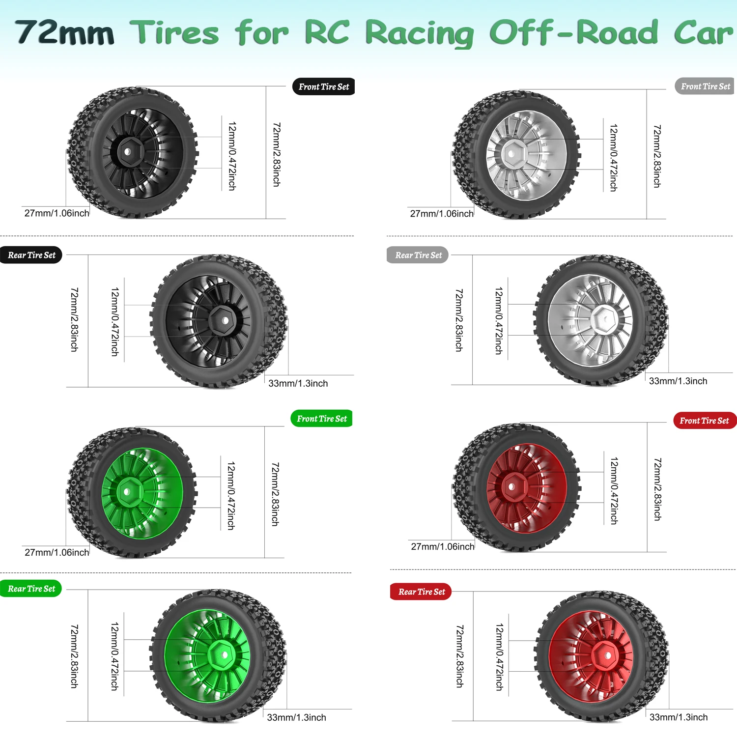 YSIDO 4PCS RC Auto 72mm Reifen Set Gummi Reifen 12mm Hex Für 1/10 1/12 1/14 Racing Off-Road RC Auto ZD Racing WLtoys Zubehör