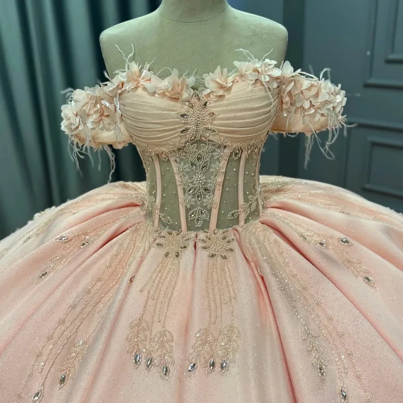 

Shiny Pink Quinceanera Dress off-shoulder Glitter Crystal 3D Flower Decal Long tail vestidos de 15 Quinceanera ﻿Customized