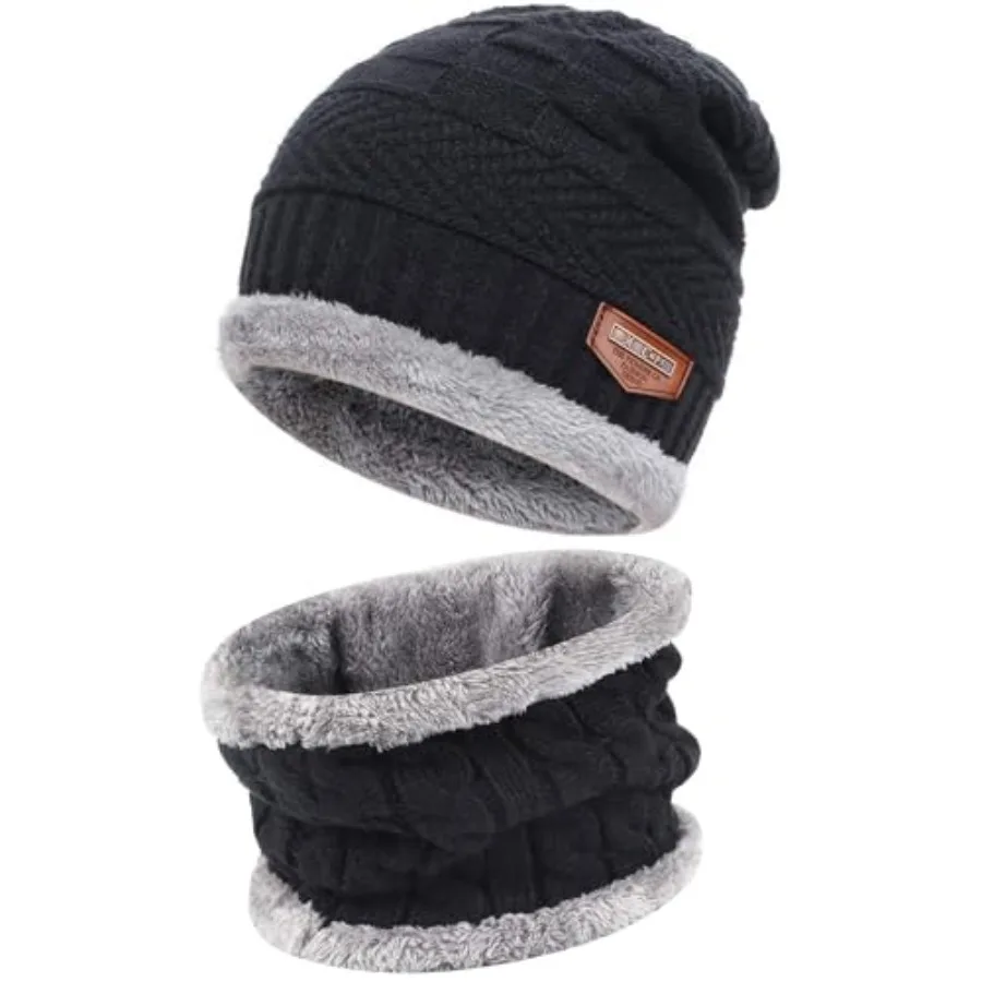 

Mens Womens Winter Beanie Hat Scarf Set Warm Knit Thick Fleece Lined Skull Cap Neck Warmer for Men Women