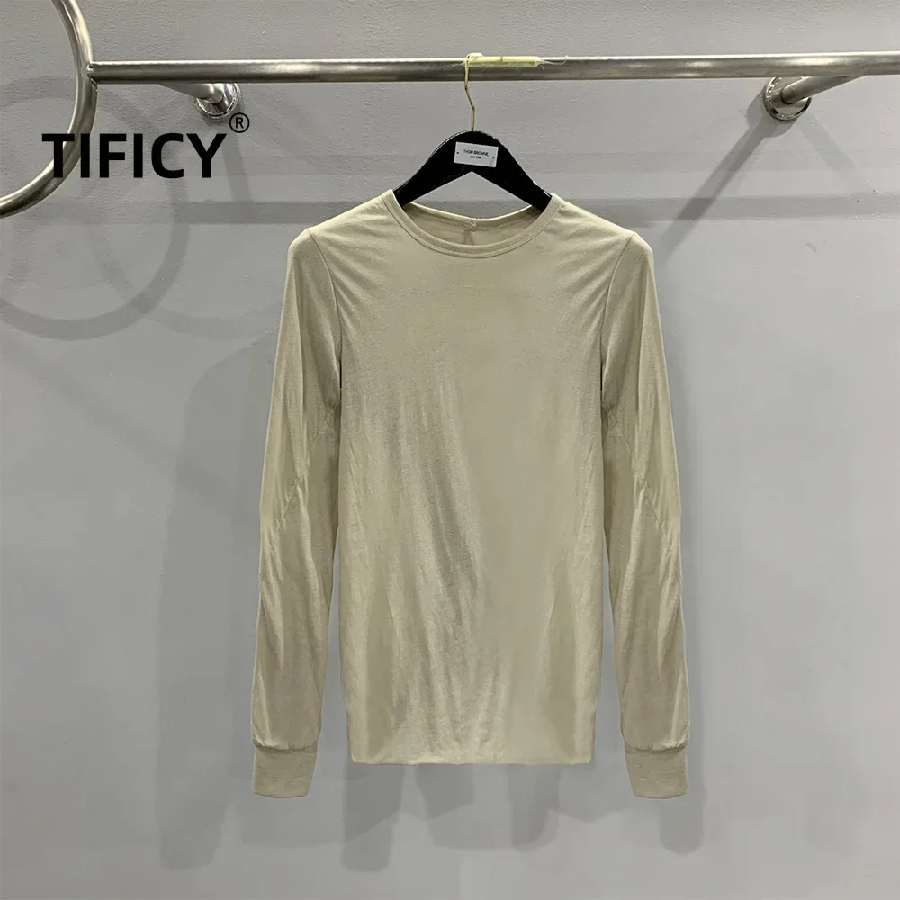 

Men's and Women's Double-layer Design RICK Pure Cotton Thin Fabric Knitted Solid Color Ro Base Round Neck Long Sleeved Shirt