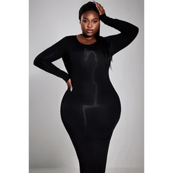 Plus Size Casual Dress Black Solid Round-Neck Long Sleeve Knitted Slim Fit Maxi Dress