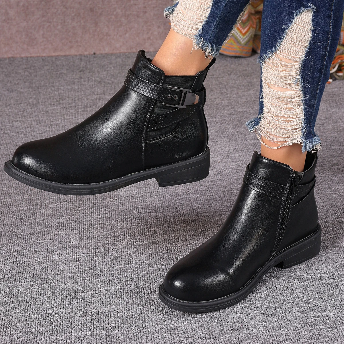 Botas de tacón cuadrado para mujer, botines concisos con cremallera, zapatos modernos y cálidos para exteriores, primavera y otoño