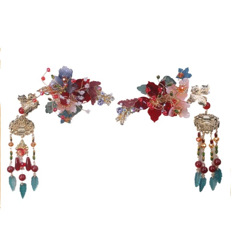 Chinese bridal wedding headgear crystal butterfly hairpin red and blue contrasting colors Xiuhe headgear traditional wedding