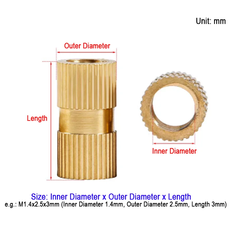 M1.4 M1.6 M2 M2.5 M3 M4 M5-M10 Brass Insert Nut Knurled Insertnut Hot Melt Molding Injection Embed Threaded Inserts 3D Printer
