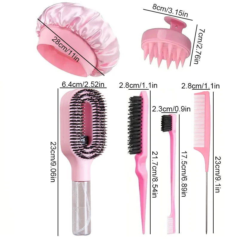 5/6pcs Hair Care Kit Detangling Sprayer Comb Rat Tail Edge Control Brush Spray Bottle Soft Satin Sleeping Cap Hair Styling Tools