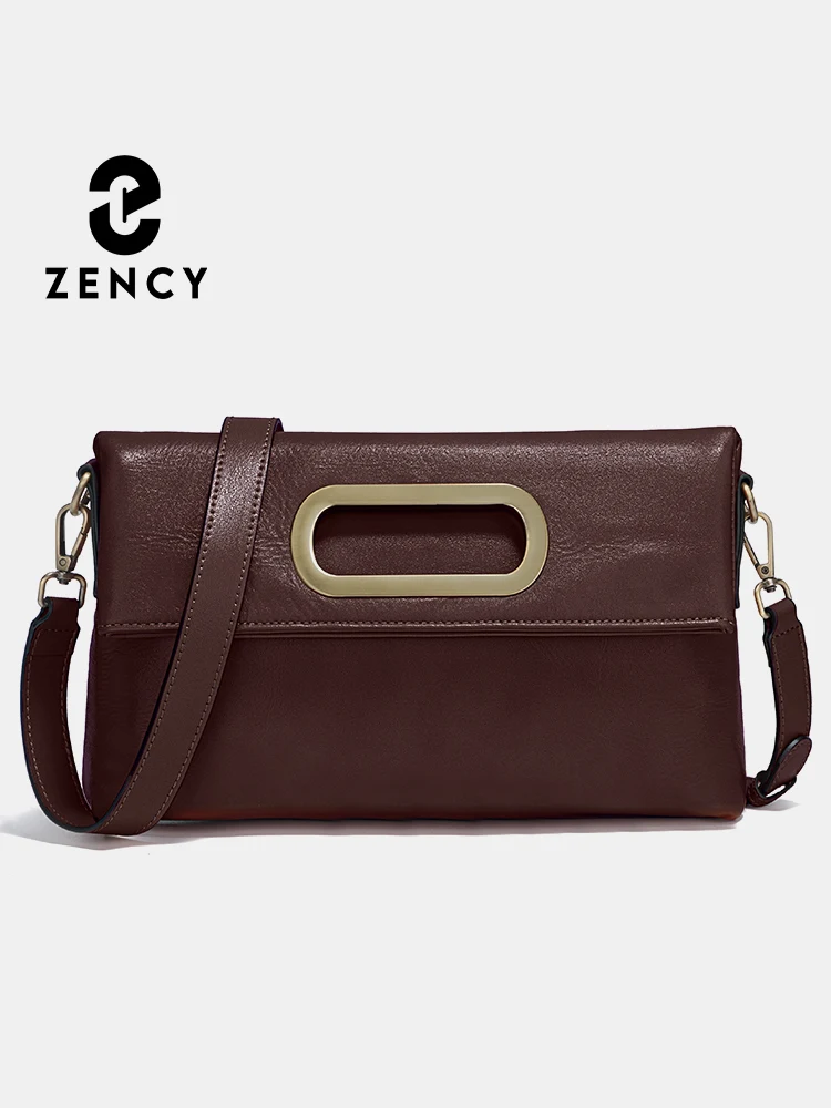 Zency Genuine Leather Vintage Designer Handbag For Women Large Capacity Shoulder Bag New Brown Crossbody Bag Tote Bag Purse 2024
