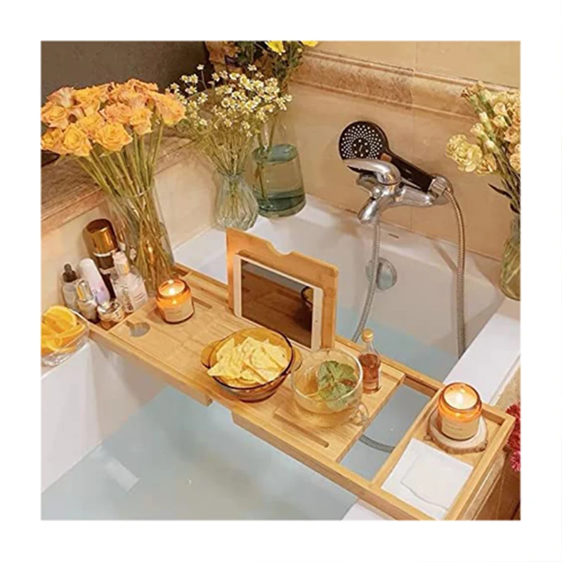 

Luxury Expandable Premium Natural Bamboo Wooden Caddy Tray Bathtub Rack Bath Tub Organizer with Extending Sides