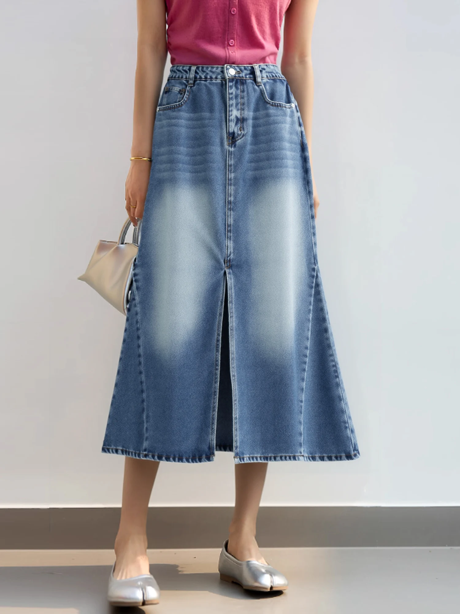 

Chivirin High Waist A-Line Midi Skirt Denim Faded Design Summer New Sle Women's Faion plus Size Cotton Polyester Blend