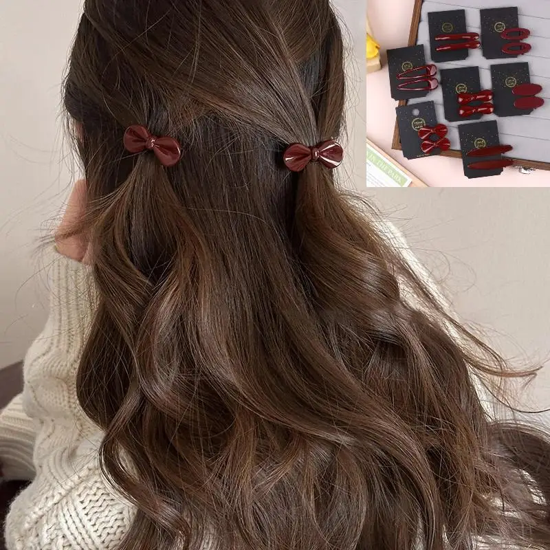 

New Year Wine Red Bow Bang Clip, Sweet Retro Duckbill Hair Clip, High Quality Festival Atmosphere Hair Accessory, 1 Pair