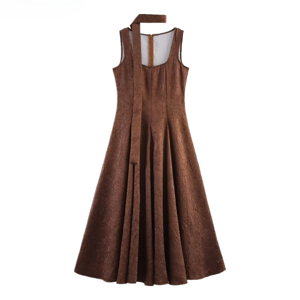 2025 vintage café rugas cetim vestido sem mangas com fita cachecol feminino gola quadrada cintura fina balanço longo vestidos de tanque robe