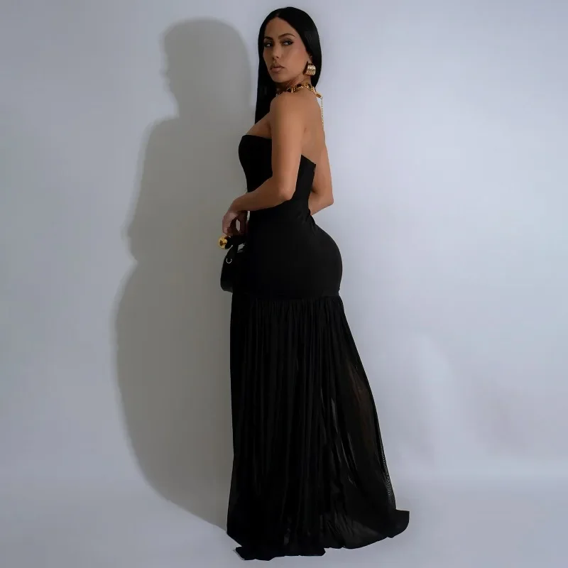 GUWU Damen Sexy rückenfreies Party-Maxikleid, durchsichtiges Netz, Spleißen, einfarbig, schwarz, trägerlos, Clubwear, Ausgehen