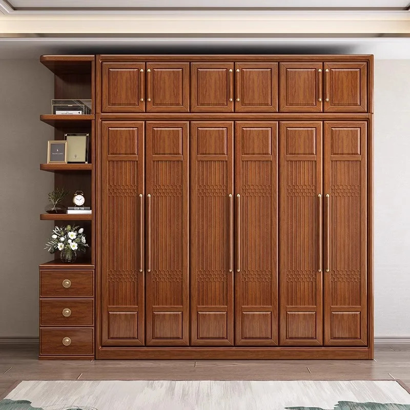New Chinese Walnut Solid Wood Wardrobe Household Bedroom Cabinet Bed Furniture Full Set Of Large-capacity Storage Assembly