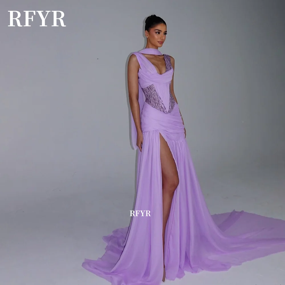 

RFYR Lavender Prom Dress with Pleats Party Dress with Glitter High Slit Evening Gala Dress vestidos de fiesta Customized