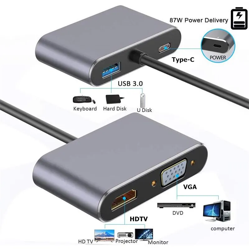 USB C Hub 4 in 1 Type C 3.0 Adapter to 4K HDMI HDTV VGA USB 3.0 PD Fast Charge Splitter for MacBook Notebook Laptop Computer