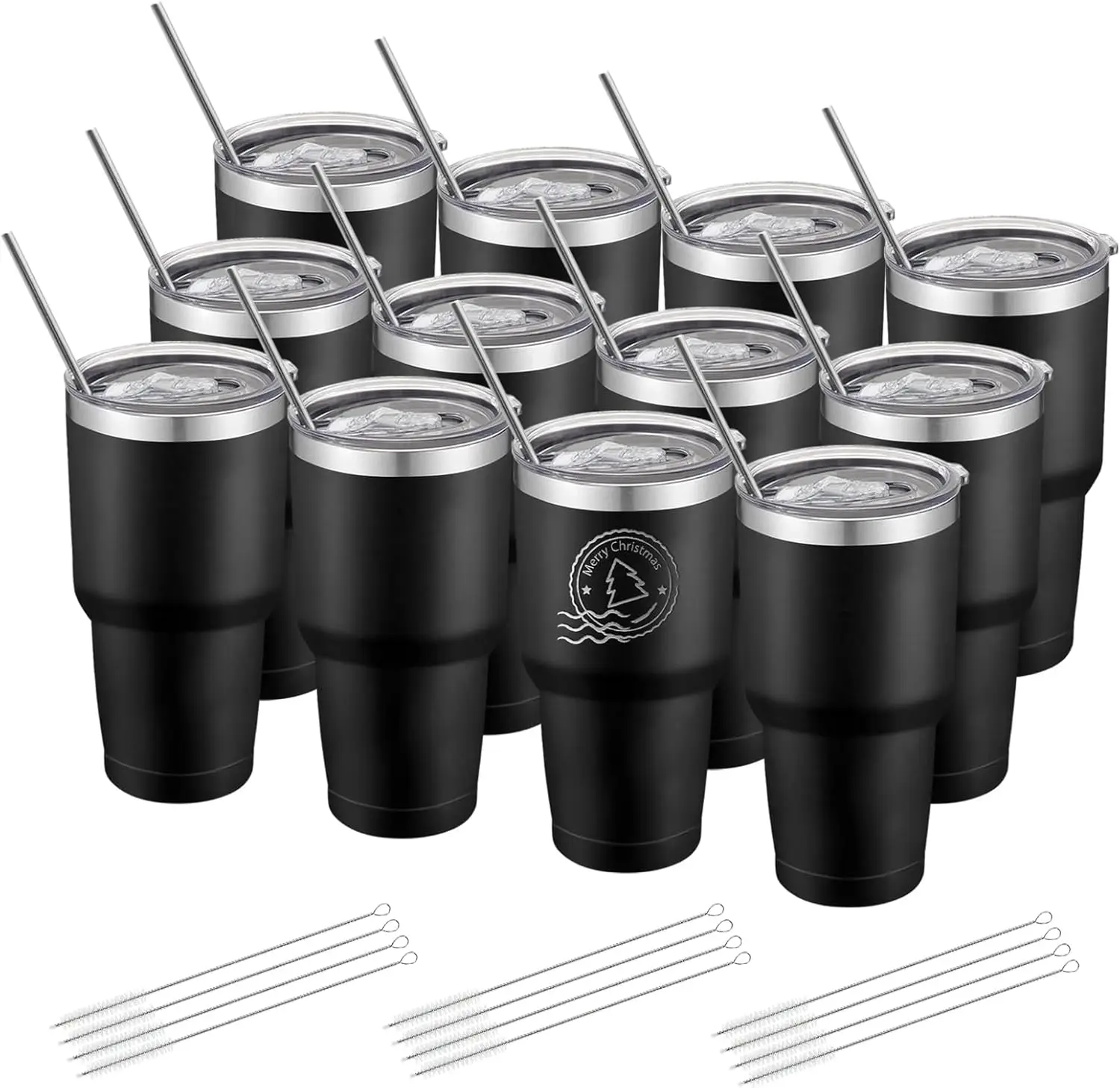 

12 Pack Insulated Stainless Steel Travel Tumbler with Lid and Straw, Double Wall Vacuum for Hot/Cold Drinks, 30oz Black