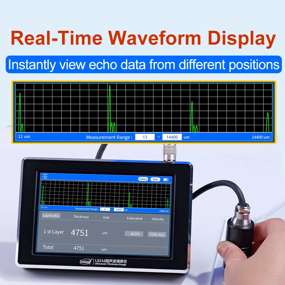 LS216 3 طبقات قياس سمك عالية الدقة بالموجات فوق الصوتية قياس سمك الطلاء للبلاستيك المعدني