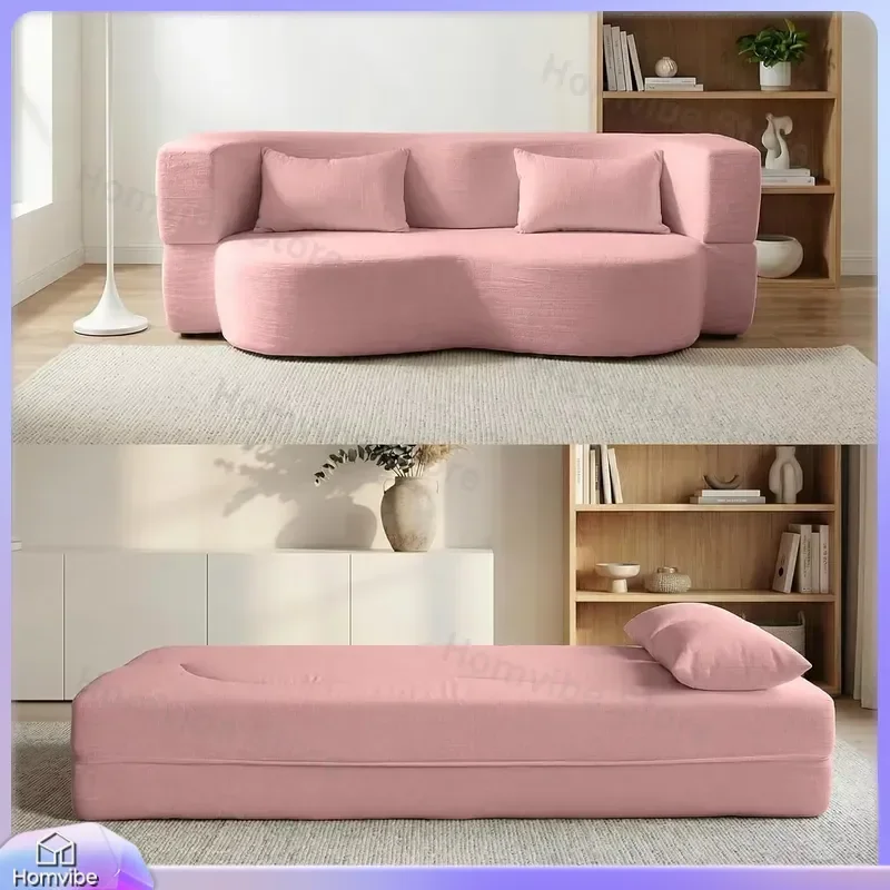 Queen Size Convertible Sofa Bed 2 in 1 Folding Floor Couch with Mattress Teddy Fabric No Assembly Living Room Guest Room Pink