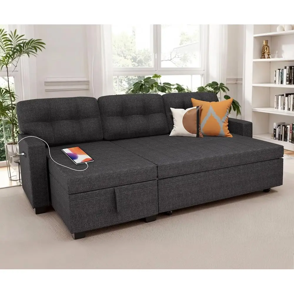 

Convertible L-Shape Sleeper Sofa with Storage, USB Ports, and Linen Upholstery for Living Room in Grey