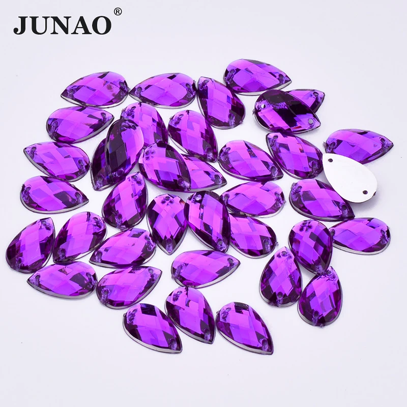 JUNAO 13*18mm 18*25mm Dark Purple Color Sew On Teardrop Shape Rhinestone Flatback Acryl Strass Applique For Wedding Dress