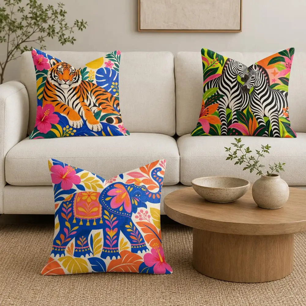Tiger Zebra Elephant Cushion Cover Linen Double-Sided Printed Pillow Case for Sofa Couch Bedroom Living Room