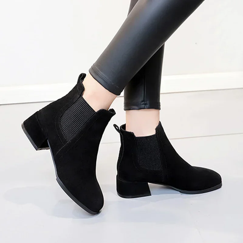 Women  Ankle Boots Autumn Winter  Boots Slip-on Round Toe 3.5cm Square Heel Solid Casual Black Camel Booties Size 35-43