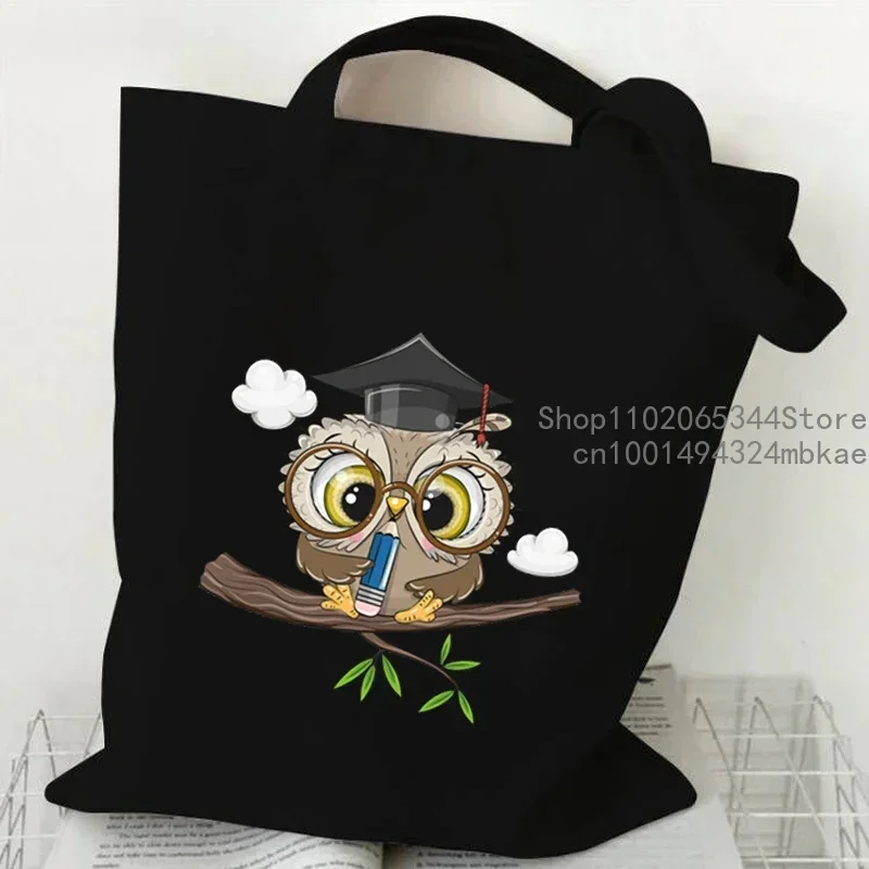 Cartoon Owl  Hand-painted Print Women Handbag Fashion Tote Bag High-capacity Reusable Shopping Bag Kawaii Animal Lady Canvas Bag