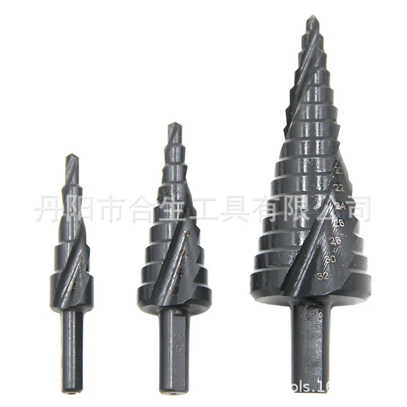 3pc/set HSS nitride black spiral groove triangular handle titanium plated step drill pagoda drill,Wood Hole Cutter Drilling Tool