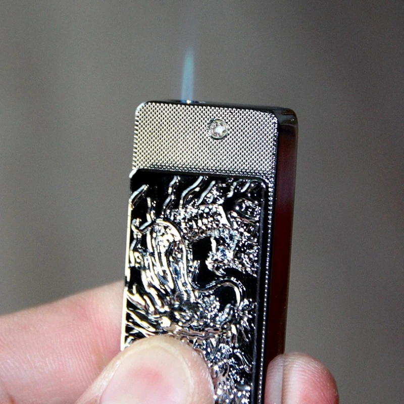 2023 New Metal Embossed Dragon Direct Charge Windproof Lighter Personalized Gold Bar Shape Inflatable Lighter Smoking Tool