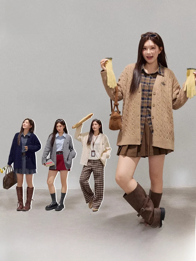 

Свитер-кардиган больших размеров в корейском стиле, осенне-зимний, с узором «косы», разноцветный, универсальный, для полных женщин