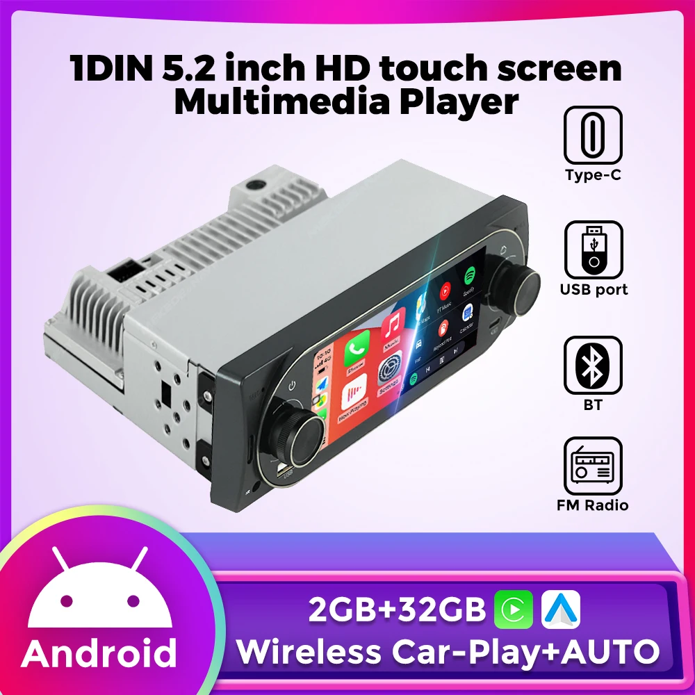 

1Din 5.2-inch Car Radio 2G+32G Universal Android HD Touch Screen Wireless Carplay AUTO Navigation GPS Multimedia Video Player