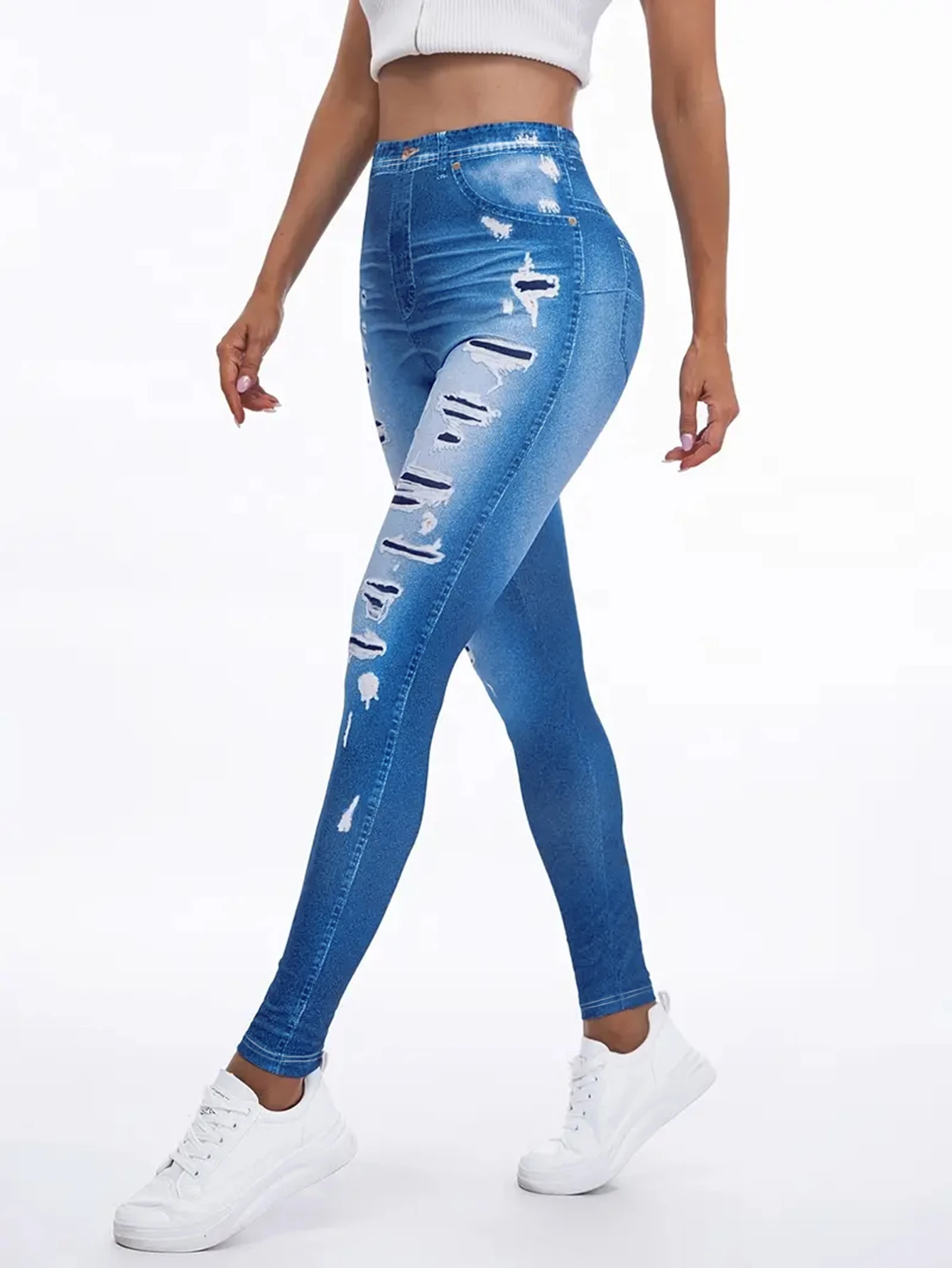 Perforated imitation Denim printed pants print stretch slim lift hip casual sports women\'s leggings small legs Purchasing Agent